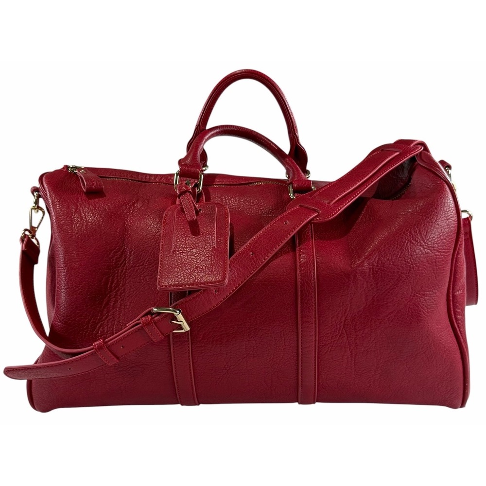 Sole Society Red Faux Leather Weekender Duffel Travel Bag Leopard Print Lining